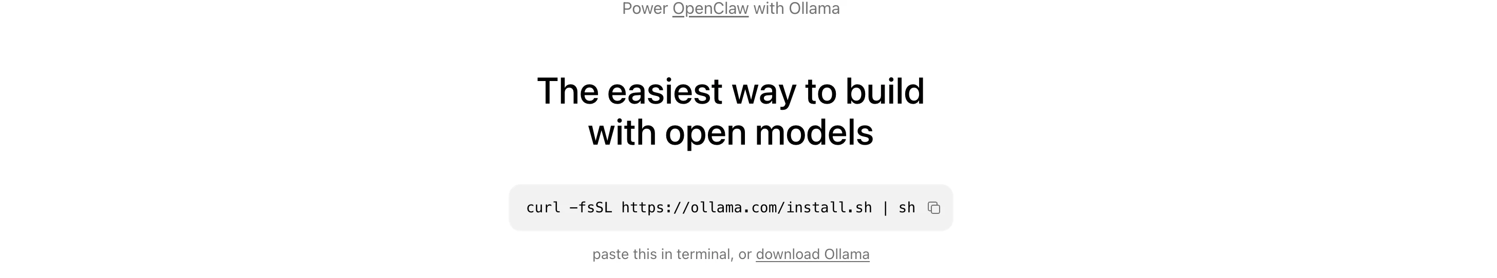 Ollama homepage showing the install command