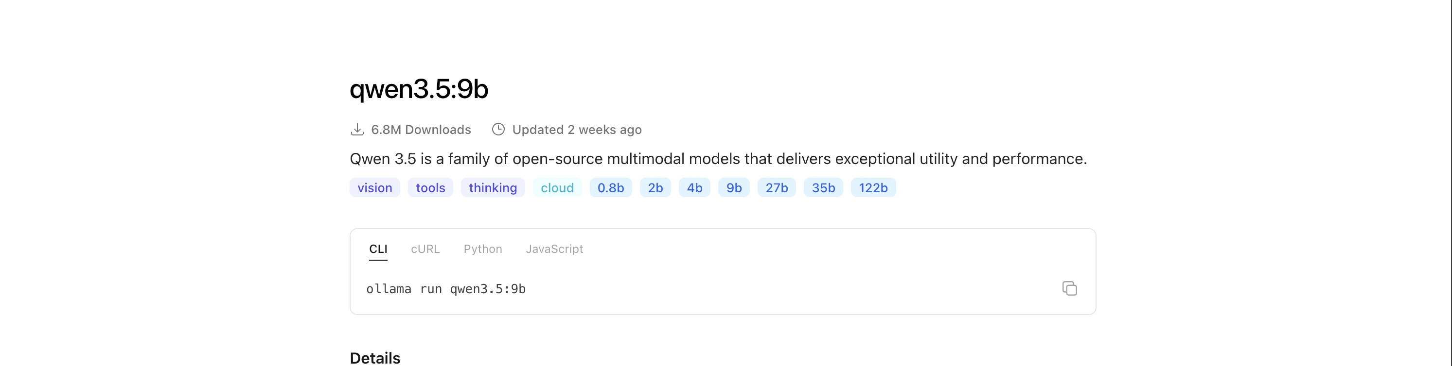 Ollama library page for qwen3.5:9b