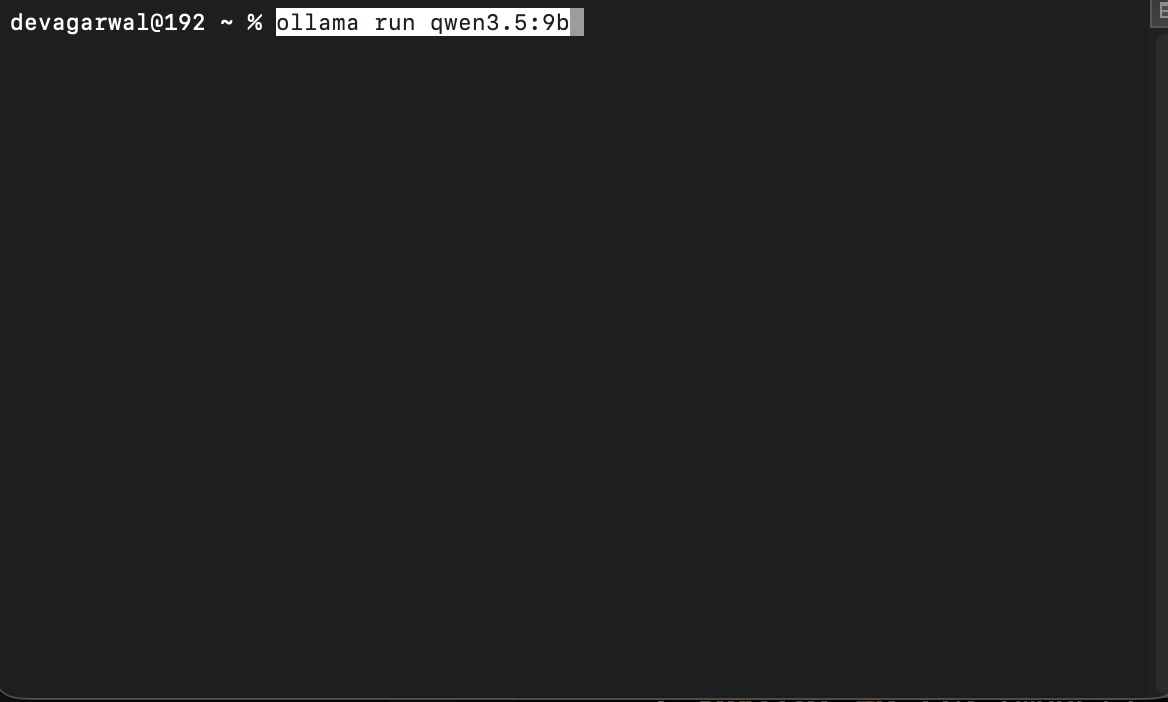 Terminal showing ollama run qwen3.5:9b command