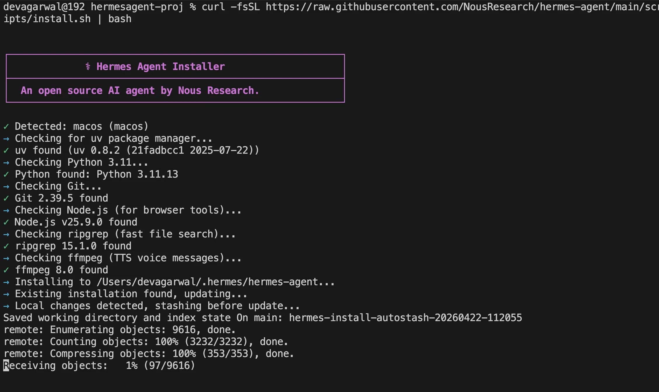 Hermes Agent installer running in terminal