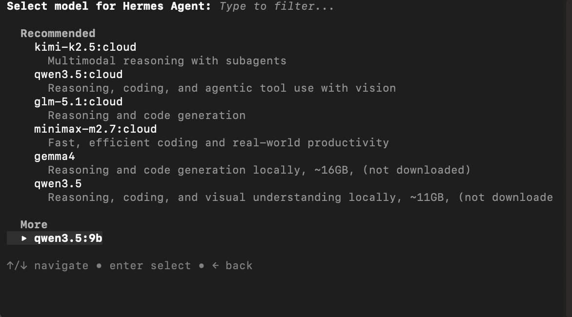 Hermes model picker showing local and cloud options
