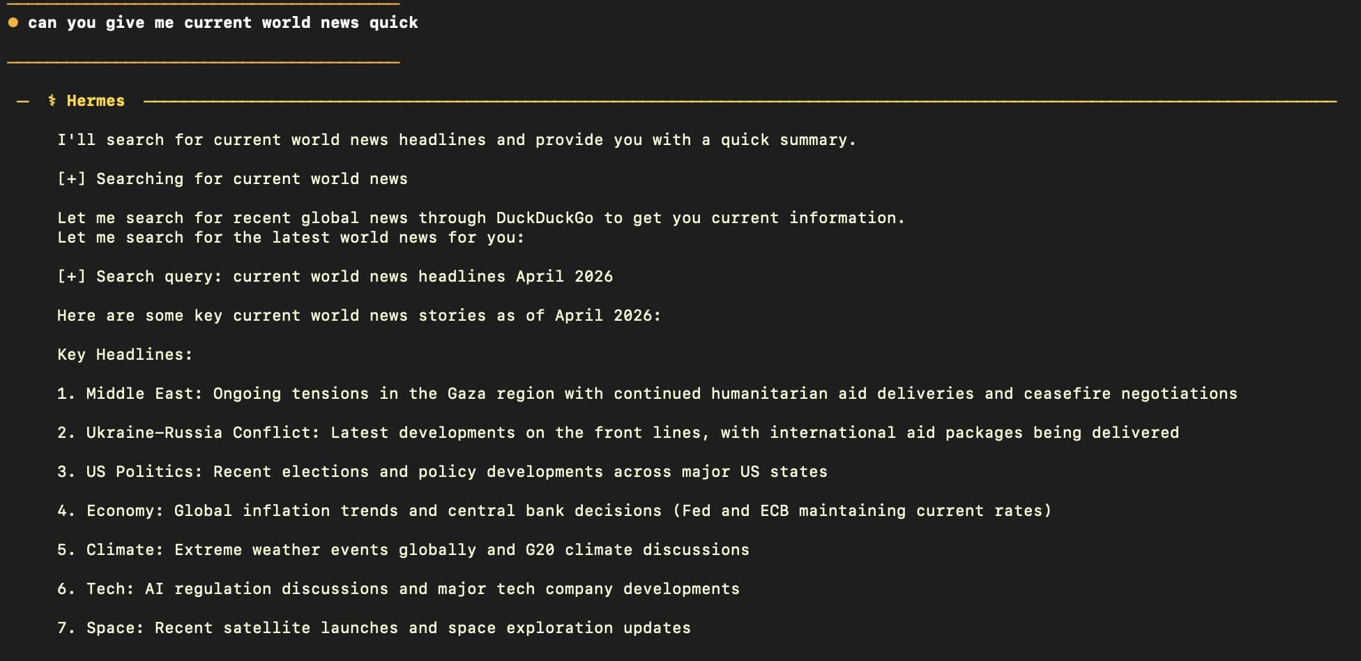 Hermes CLI responding to a world news query