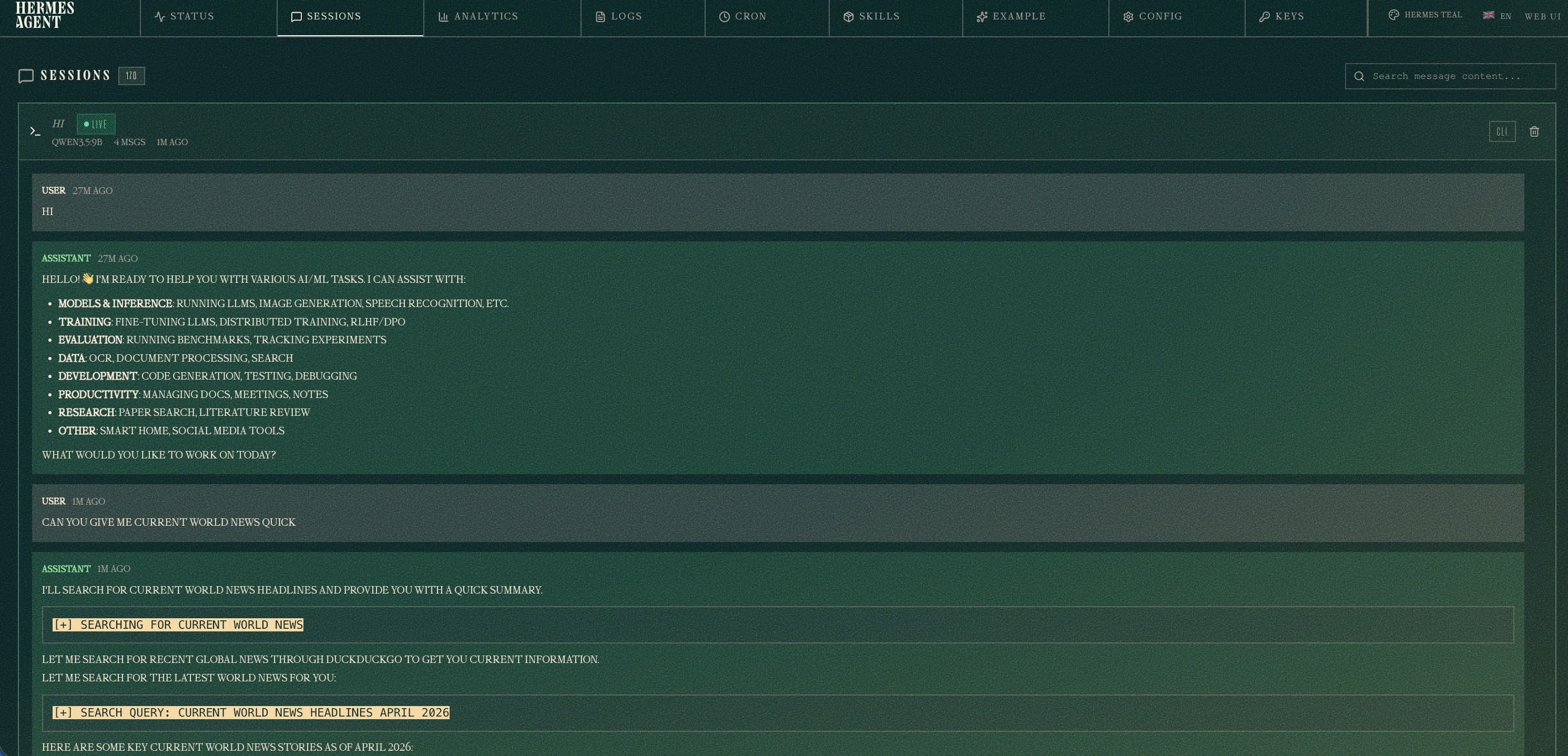Full Hermes web dashboard showing sessions, chat, and tool usage