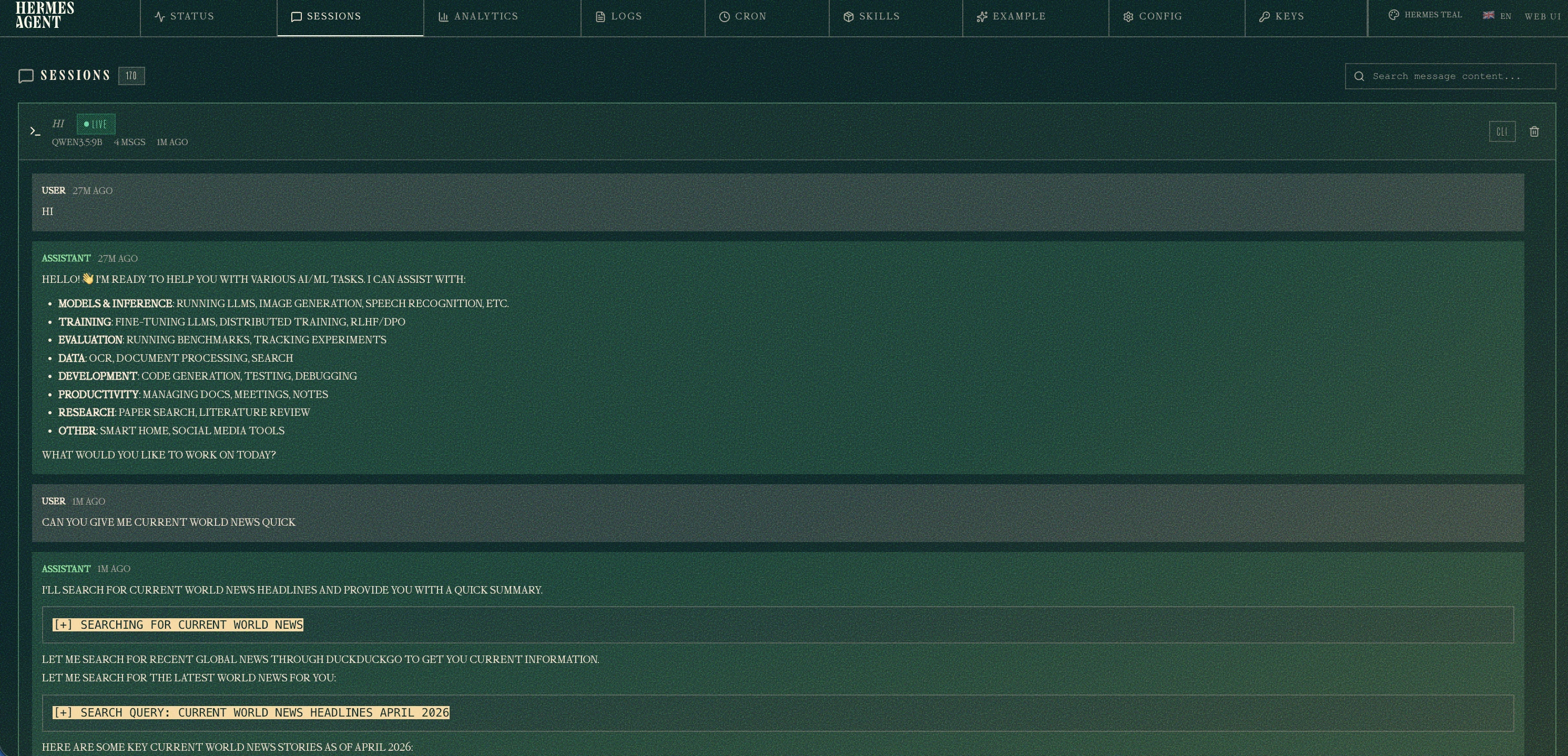 Full Hermes web dashboard showing sessions, chat, and tool usage